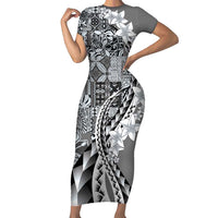 Aloha Vintage Plumeria Hawaiian Tapa Pattern Family Matching Short Sleeve Bodycon Dress and Hawaiian Shirt Gray Hawaiian Tapa Pattern LT9 Mom's Dress Gray - Polynesian Pride