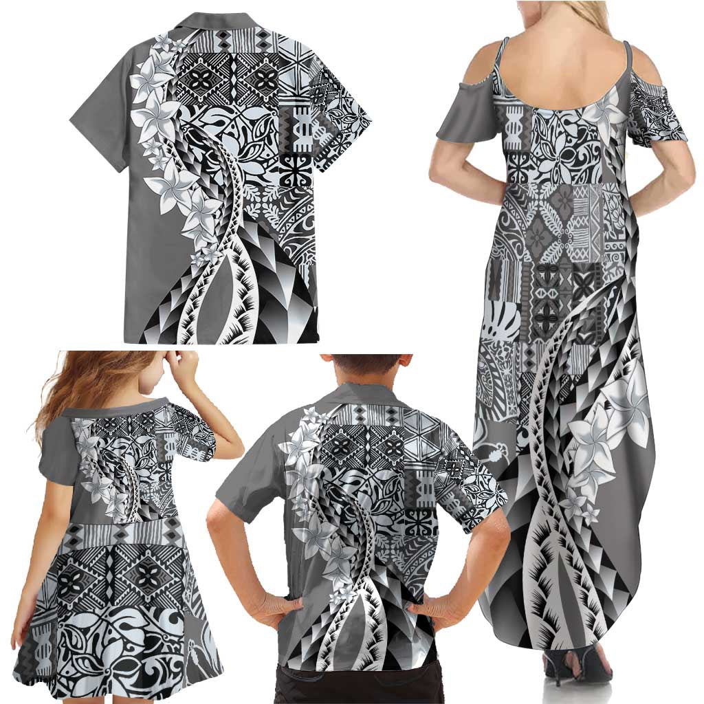 Aloha Vintage Plumeria Hawaiian Tapa Pattern Family Matching Summer Maxi Dress and Hawaiian Shirt Gray Hawaiian Tapa Pattern - Polynesian Pride