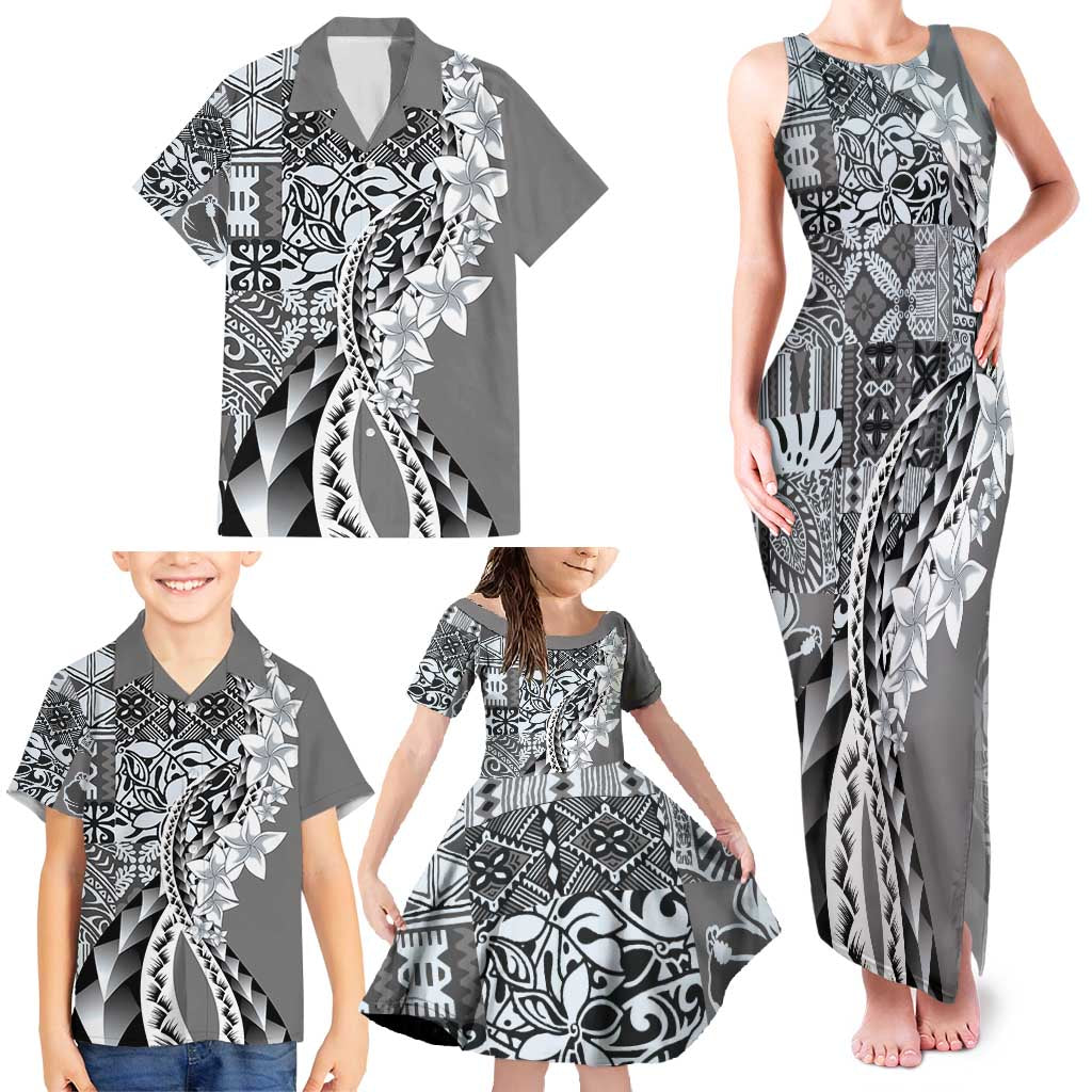 Aloha Vintage Plumeria Hawaiian Tapa Pattern Family Matching Tank Maxi Dress and Hawaiian Shirt Gray Hawaiian Tapa Pattern LT9 - Polynesian Pride