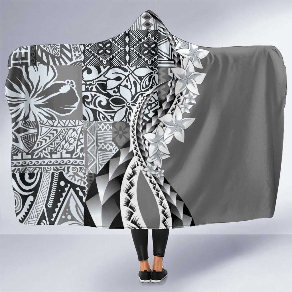 Aloha Vintage Plumeria Hawaiian Tapa Pattern Hooded Blanket Gray Hawaiian Tapa Pattern - Polynesian Pride