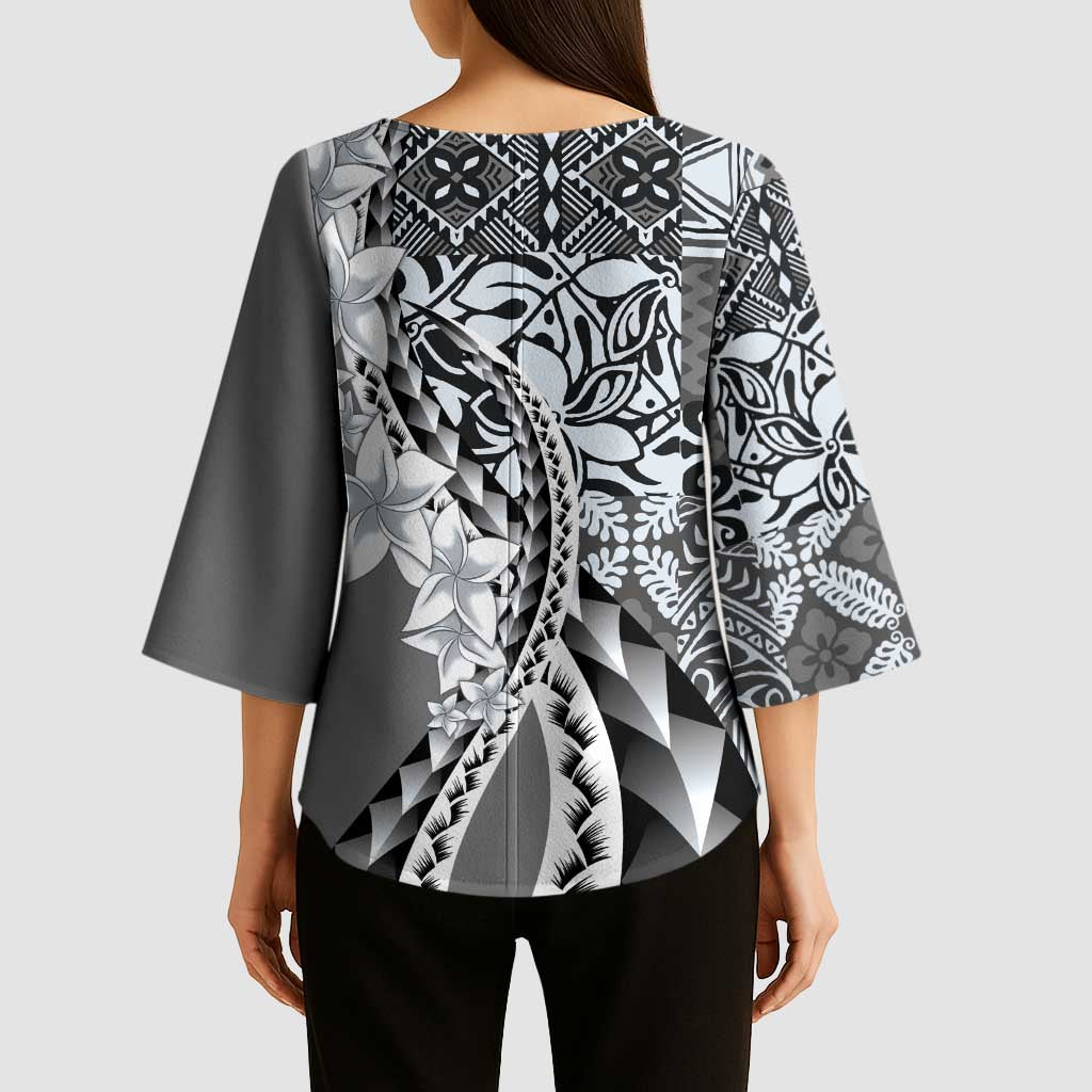 Aloha Vintage Plumeria Hawaiian Tapa Pattern Kimono Sleeve Blouse Gray Hawaiian Tapa Pattern - Polynesian Pride