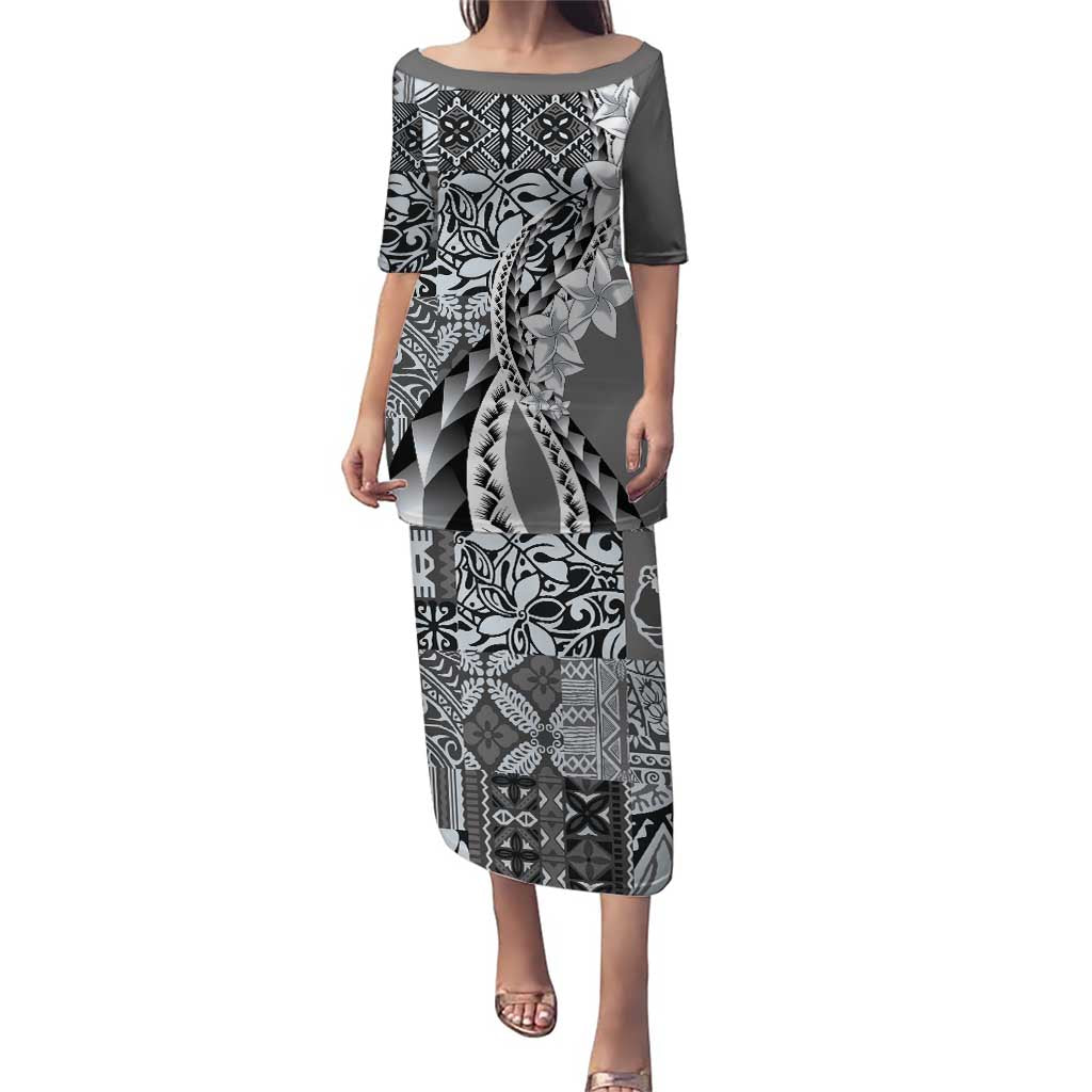 Aloha Vintage Plumeria Hawaiian Tapa Pattern Puletasi Gray Hawaiian Tapa Pattern - Polynesian Pride