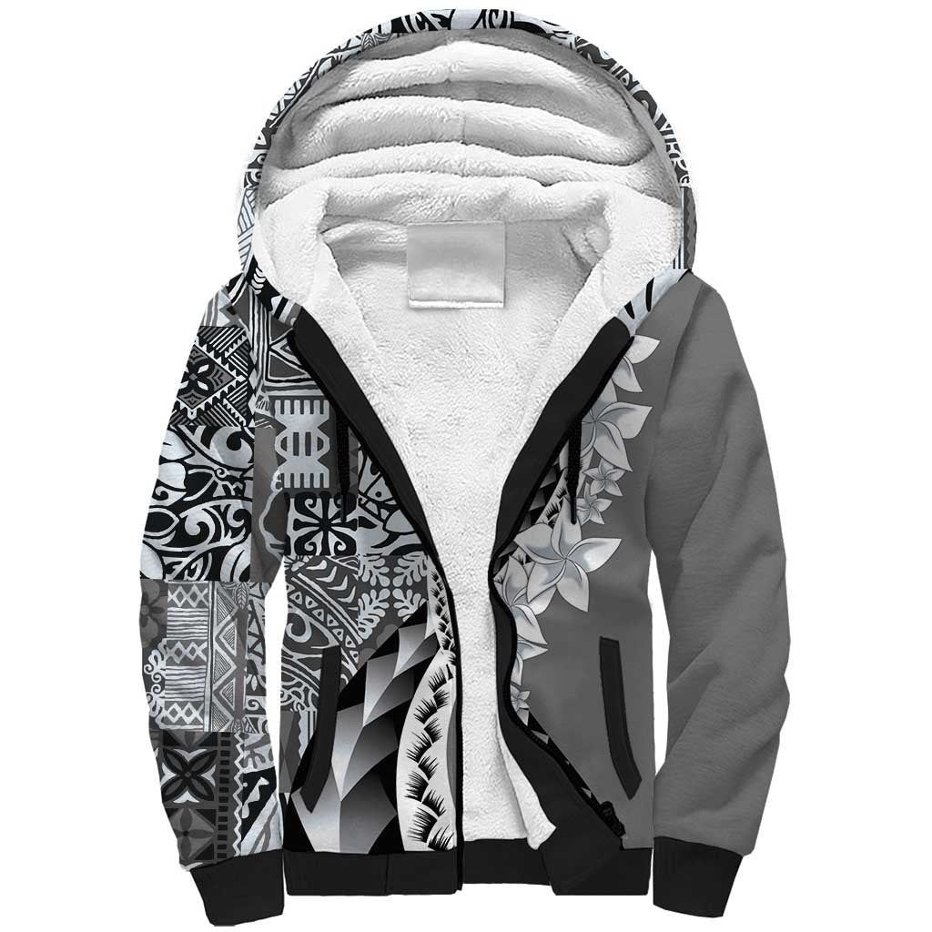 Aloha Vintage Plumeria Hawaiian Tapa Pattern Sherpa Hoodie Gray Hawaiian Tapa Pattern - Polynesian Pride