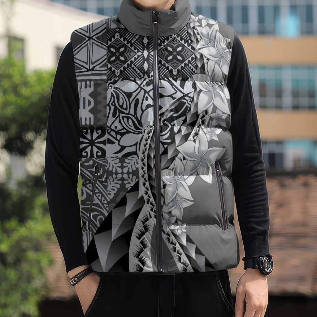 Aloha Vintage Plumeria Hawaiian Tapa Pattern Sleeveless Puffer Jacket Gray Hawaiian Tapa Pattern - Polynesian Pride