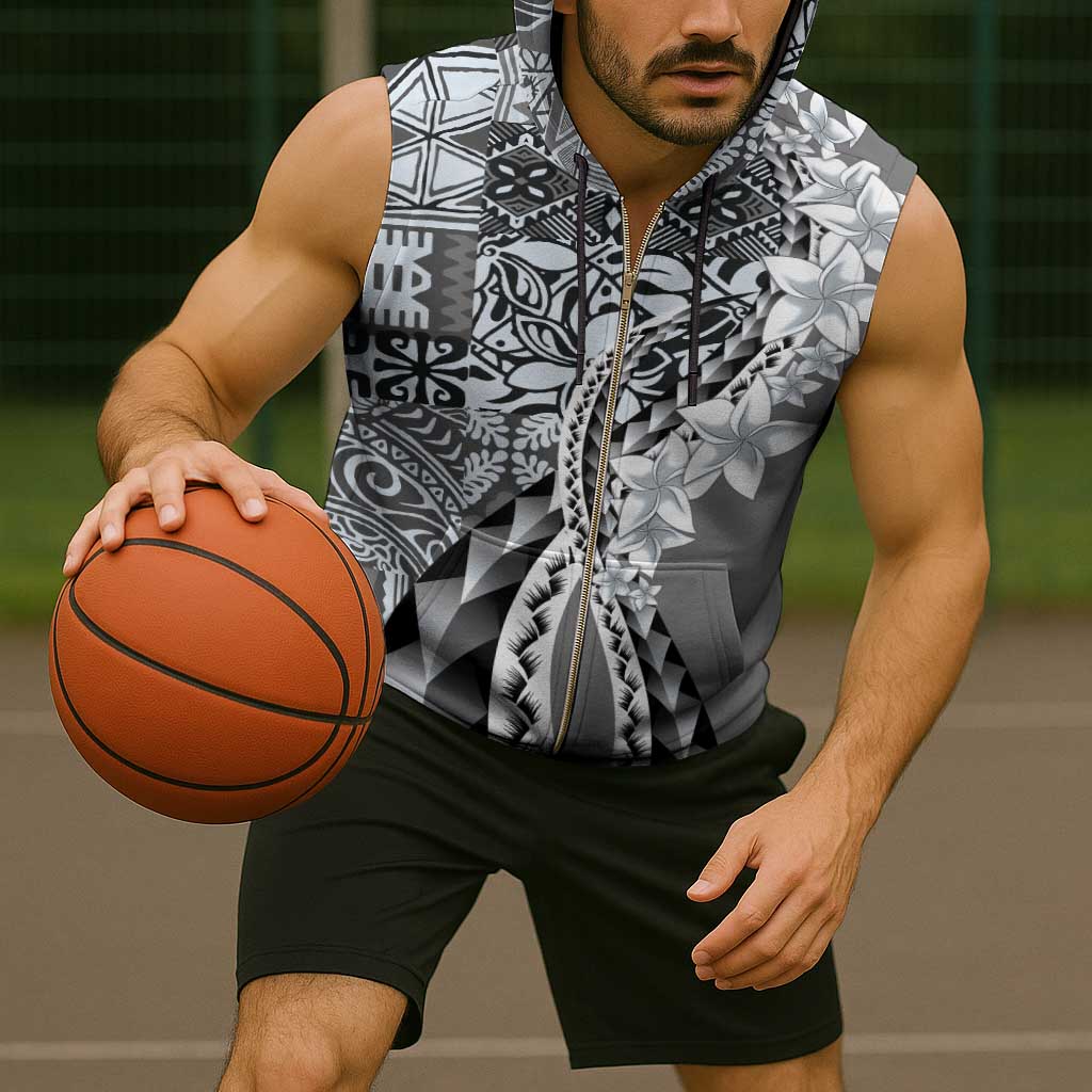 Aloha Vintage Plumeria Hawaiian Tapa Pattern Sleeveless Zip Hoodie Gray Hawaiian Tapa Pattern - Polynesian Pride