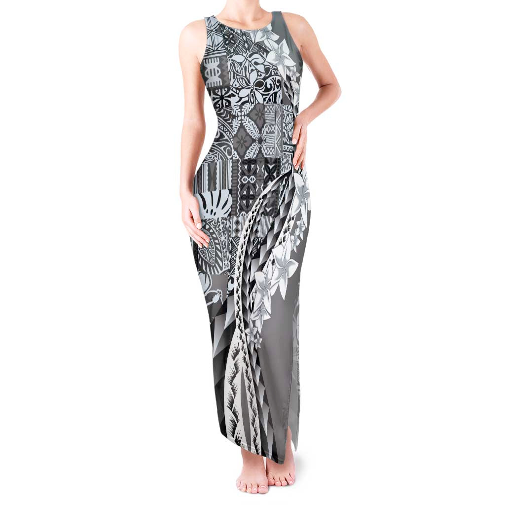 Aloha Vintage Plumeria Hawaiian Tapa Pattern Tank Maxi Dress Gray Hawaiian Tapa Pattern - Polynesian Pride