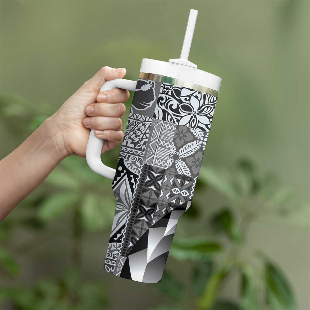 Aloha Vintage Plumeria Hawaiian Tapa Pattern Tumbler With Handle Gray Hawaiian Tapa Pattern - Polynesian Pride
