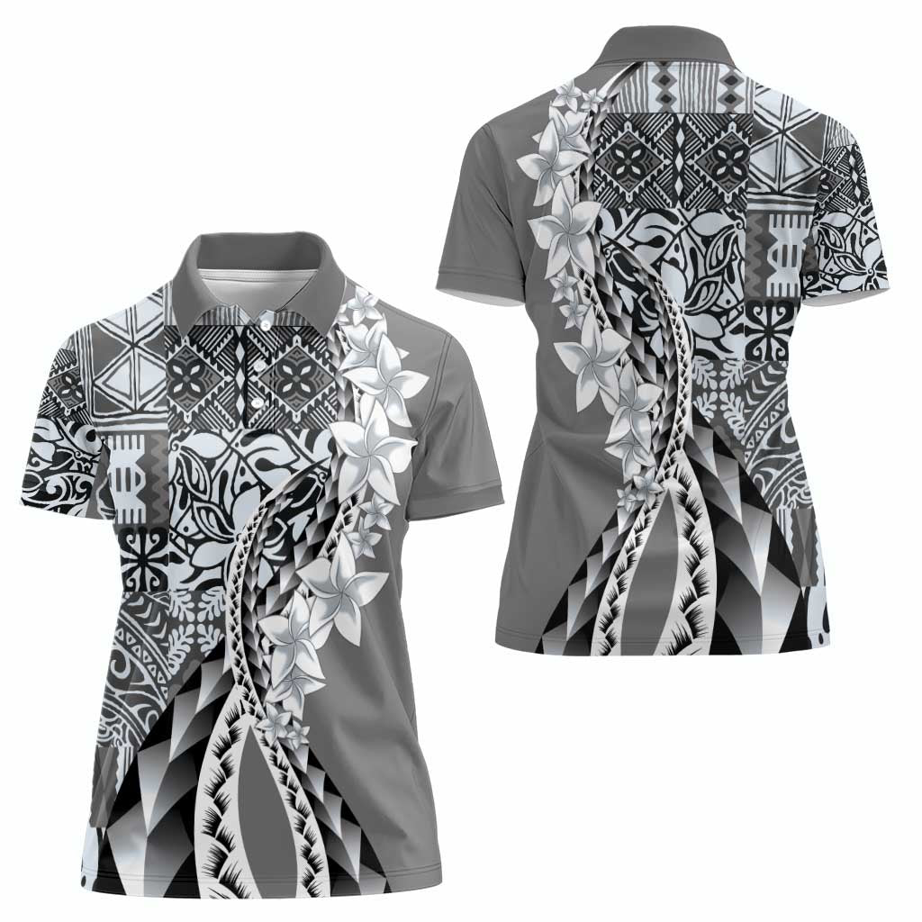 Aloha Vintage Plumeria Hawaiian Tapa Pattern Women Polo Shirt Gray Hawaiian Tapa Pattern - Polynesian Pride