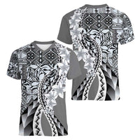 Aloha Vintage Plumeria Hawaiian Tapa Pattern Women V-Neck T-Shirt Gray Hawaiian Tapa Pattern - Polynesian Pride