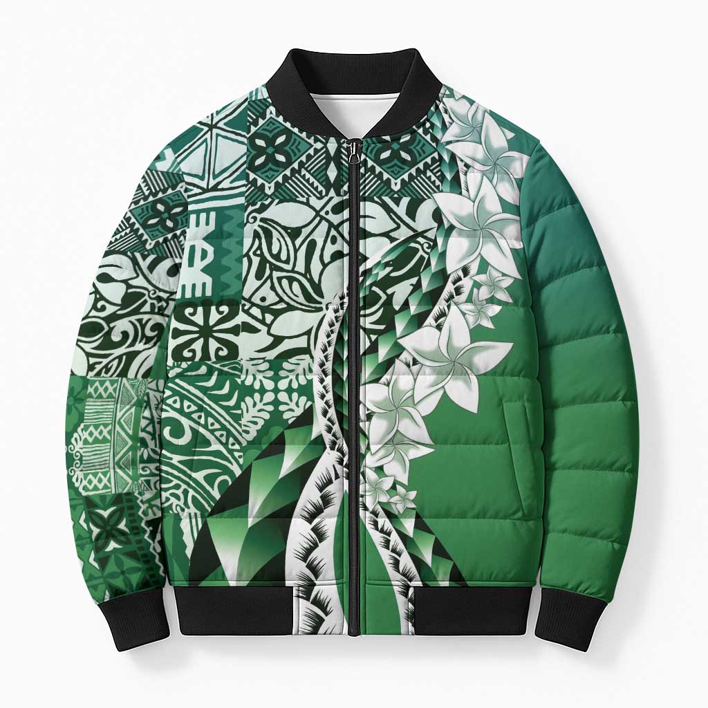 Aloha Vintage Plumeria Hawaiian Tapa Pattern Bomber Puffer Jacket Green Hawaiian Tapa Pattern - Polynesian Pride