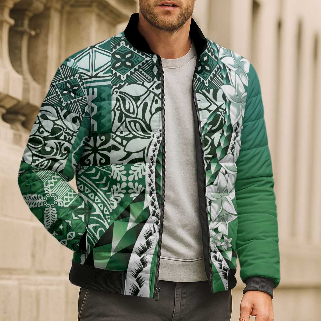 Aloha Vintage Plumeria Hawaiian Tapa Pattern Bomber Puffer Jacket Green Hawaiian Tapa Pattern - Polynesian Pride