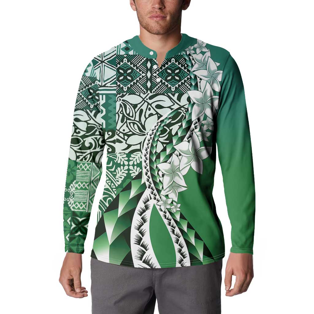 Aloha Vintage Plumeria Hawaiian Tapa Pattern Button Sweatshirt Green Hawaiian Tapa Pattern - Polynesian Pride