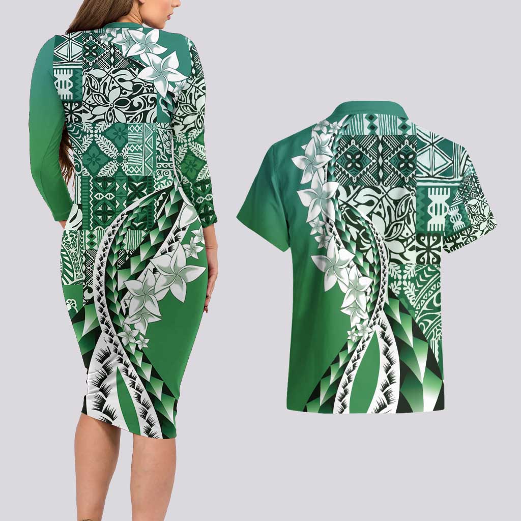 Aloha Vintage Plumeria Hawaiian Tapa Pattern Couples Matching Long Sleeve Bodycon Dress and Hawaiian Shirt Green Hawaiian Tapa Pattern LT9 - Polynesian Pride