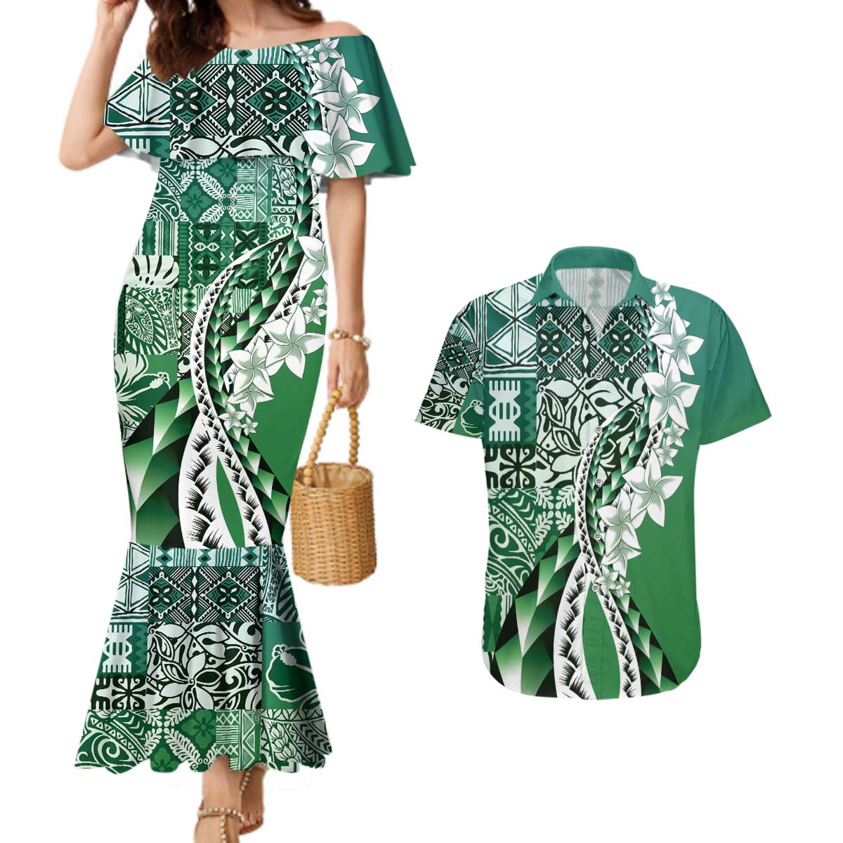 Aloha Vintage Plumeria Hawaiian Tapa Pattern Couples Matching Mermaid Dress and Hawaiian Shirt Green Hawaiian Tapa Pattern LT9 Green - Polynesian Pride