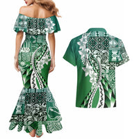 Aloha Vintage Plumeria Hawaiian Tapa Pattern Couples Matching Mermaid Dress and Hawaiian Shirt Green Hawaiian Tapa Pattern LT9 - Polynesian Pride