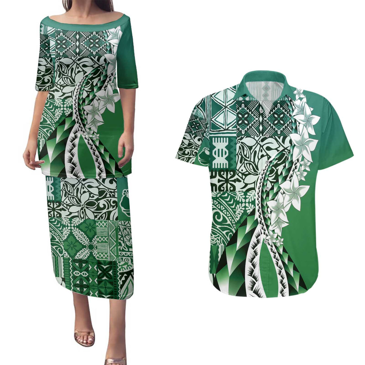 Aloha Vintage Plumeria Hawaiian Tapa Pattern Couples Matching Puletasi and Hawaiian Shirt Green Hawaiian Tapa Pattern - Polynesian Pride