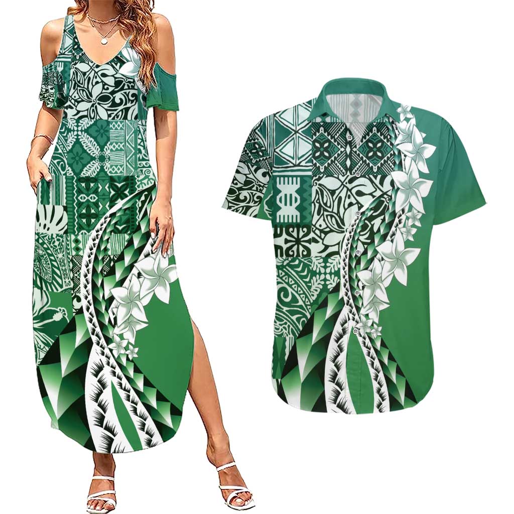 Aloha Vintage Plumeria Hawaiian Tapa Pattern Couples Matching Summer Maxi Dress and Hawaiian Shirt Green Hawaiian Tapa Pattern - Polynesian Pride