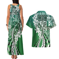 Aloha Vintage Plumeria Hawaiian Tapa Pattern Couples Matching Tank Maxi Dress and Hawaiian Shirt Green Hawaiian Tapa Pattern LT9 - Polynesian Pride