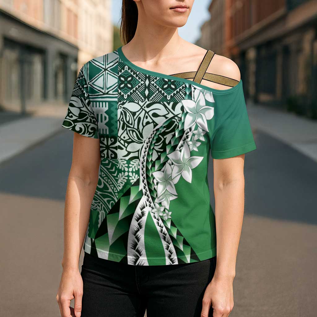 Aloha Vintage Plumeria Hawaiian Tapa Pattern Cross Shoulder Shirt Green Hawaiian Tapa Pattern - Polynesian Pride