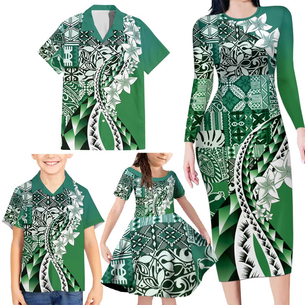 Aloha Vintage Plumeria Hawaiian Tapa Pattern Family Matching Long Sleeve Bodycon Dress and Hawaiian Shirt Green Hawaiian Tapa Pattern LT9 - Polynesian Pride