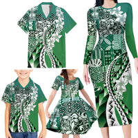 Aloha Vintage Plumeria Hawaiian Tapa Pattern Family Matching Long Sleeve Bodycon Dress and Hawaiian Shirt Green Hawaiian Tapa Pattern LT9 - Polynesian Pride