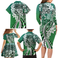 Aloha Vintage Plumeria Hawaiian Tapa Pattern Family Matching Long Sleeve Bodycon Dress and Hawaiian Shirt Green Hawaiian Tapa Pattern LT9 - Polynesian Pride