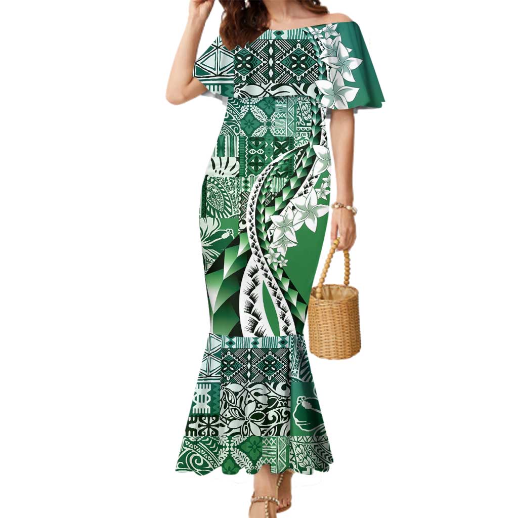 Aloha Vintage Plumeria Hawaiian Tapa Pattern Family Matching Mermaid Dress and Hawaiian Shirt Green Hawaiian Tapa Pattern LT9 Mom's Dress Green - Polynesian Pride