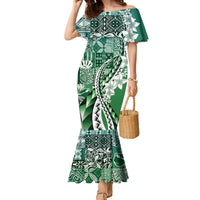 Aloha Vintage Plumeria Hawaiian Tapa Pattern Family Matching Mermaid Dress and Hawaiian Shirt Green Hawaiian Tapa Pattern LT9 Mom's Dress Green - Polynesian Pride