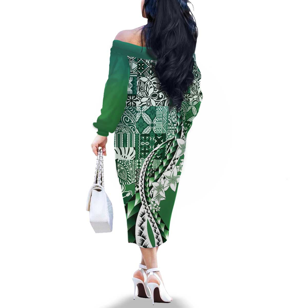 Aloha Vintage Plumeria Hawaiian Tapa Pattern Family Matching Off The Shoulder Long Sleeve Dress and Hawaiian Shirt Green Hawaiian Tapa Pattern - Polynesian Pride