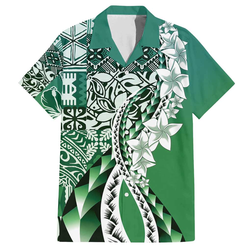 Aloha Vintage Plumeria Hawaiian Tapa Pattern Family Matching Off Shoulder Maxi Dress and Hawaiian Shirt Green Hawaiian Tapa Pattern - Polynesian Pride