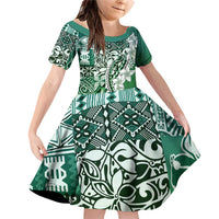 Aloha Vintage Plumeria Hawaiian Tapa Pattern Family Matching Off Shoulder Short Dress and Hawaiian Shirt Green Hawaiian Tapa Pattern - Polynesian Pride