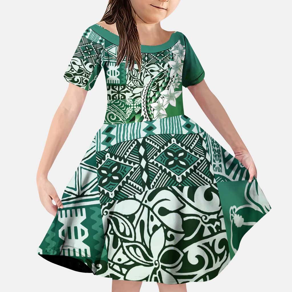 Aloha Vintage Plumeria Hawaiian Tapa Pattern Family Matching Puletasi and Hawaiian Shirt Green Hawaiian Tapa Pattern LT9 Daughter's Dress Green - Polynesian Pride