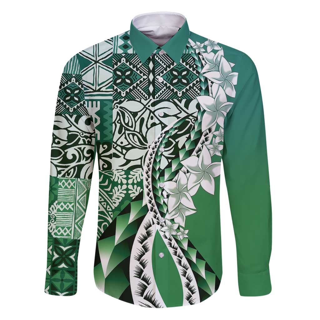 Aloha Vintage Plumeria Hawaiian Tapa Pattern Family Matching Puletasi and Hawaiian Shirt Green Hawaiian Tapa Pattern LT9 Dad's Shirt - Long Sleeve Green - Polynesian Pride