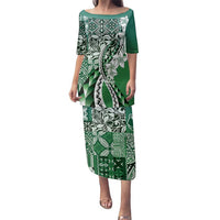 Aloha Vintage Plumeria Hawaiian Tapa Pattern Family Matching Puletasi and Hawaiian Shirt Green Hawaiian Tapa Pattern LT9 Mom's Dress Green - Polynesian Pride