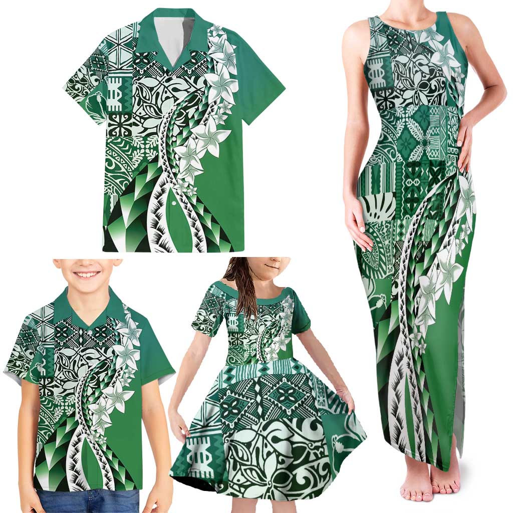 Aloha Vintage Plumeria Hawaiian Tapa Pattern Family Matching Tank Maxi Dress and Hawaiian Shirt Green Hawaiian Tapa Pattern LT9 - Polynesian Pride