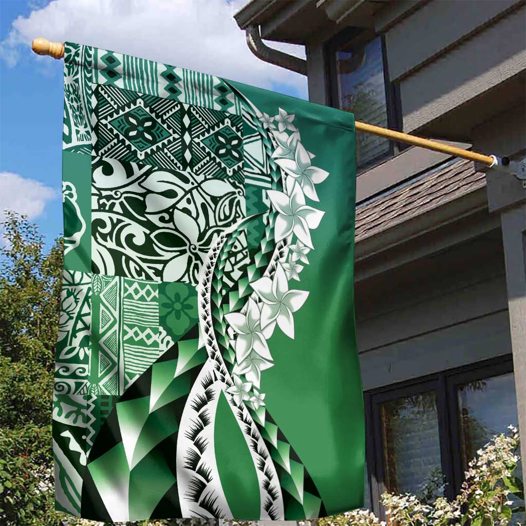 Aloha Vintage Plumeria Hawaiian Tapa Pattern Garden Flag Green Hawaiian Tapa Pattern - Polynesian Pride