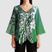 Aloha Vintage Plumeria Hawaiian Tapa Pattern Kimono Sleeve Blouse Green Hawaiian Tapa Pattern - Polynesian Pride