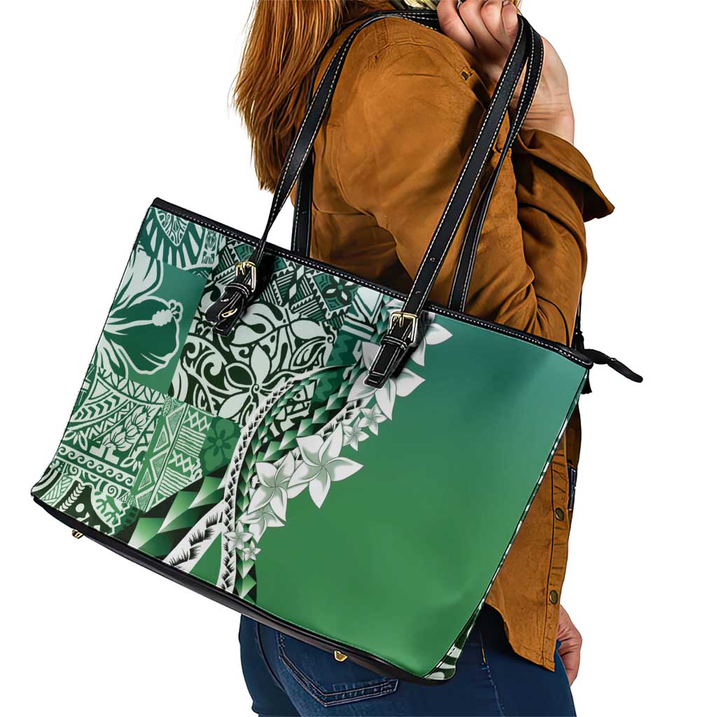 Aloha Vintage Plumeria Hawaiian Tapa Pattern Leather Tote Bag Green Hawaiian Tapa Pattern - Polynesian Pride