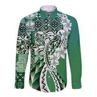 Aloha Vintage Plumeria Hawaiian Tapa Pattern Long Sleeve Button Shirt Green Hawaiian Tapa Pattern - Polynesian Pride