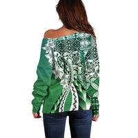 Aloha Vintage Plumeria Hawaiian Tapa Pattern Off Shoulder Sweater Green Hawaiian Tapa Pattern - Polynesian Pride