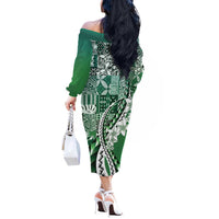 Aloha Vintage Plumeria Hawaiian Tapa Pattern Off The Shoulder Long Sleeve Dress Green Hawaiian Tapa Pattern - Polynesian Pride