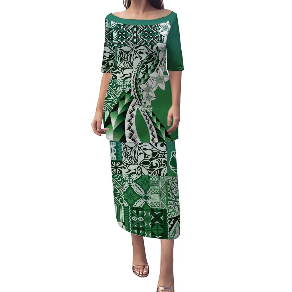 Aloha Vintage Plumeria Hawaiian Tapa Pattern Puletasi Green Hawaiian Tapa Pattern - Polynesian Pride