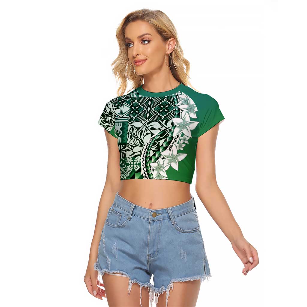 Aloha Vintage Plumeria Hawaiian Tapa Pattern Raglan Cropped T Shirt Green Hawaiian Tapa Pattern - Polynesian Pride