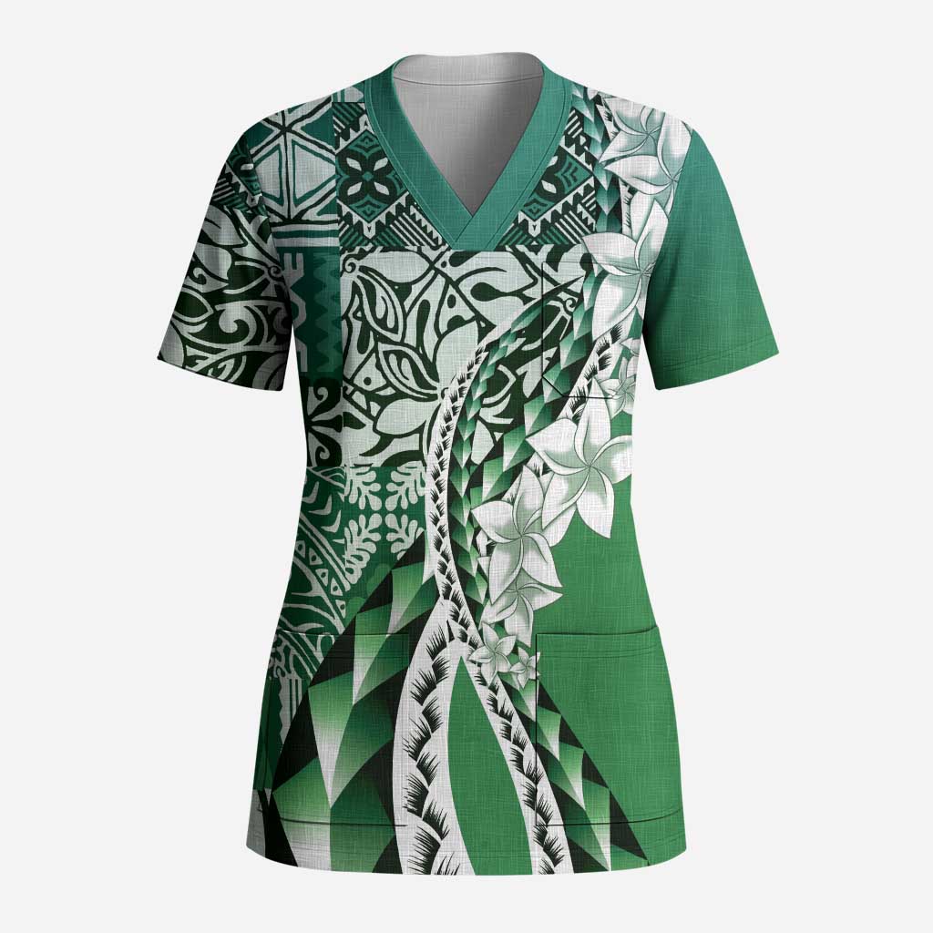 Aloha Vintage Plumeria Hawaiian Tapa Pattern Scrub Top Green Hawaiian Tapa Pattern - Polynesian Pride