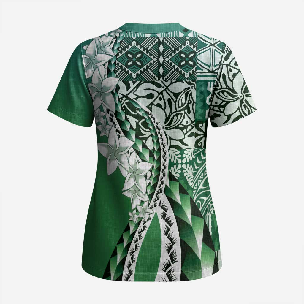 Aloha Vintage Plumeria Hawaiian Tapa Pattern Scrub Top Green Hawaiian Tapa Pattern - Polynesian Pride