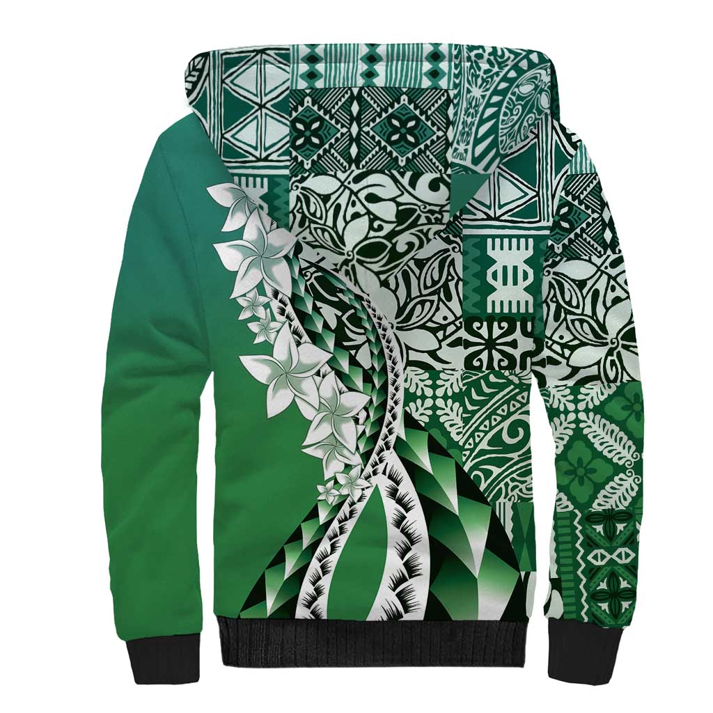 Aloha Vintage Plumeria Hawaiian Tapa Pattern Sherpa Hoodie Green Hawaiian Tapa Pattern - Polynesian Pride