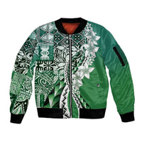 Aloha Vintage Plumeria Hawaiian Tapa Pattern Sleeve Zip Bomber Jacket Green Hawaiian Tapa Pattern - Polynesian Pride