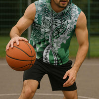 Aloha Vintage Plumeria Hawaiian Tapa Pattern Sleeveless Hoodie Green Hawaiian Tapa Pattern - Polynesian Pride