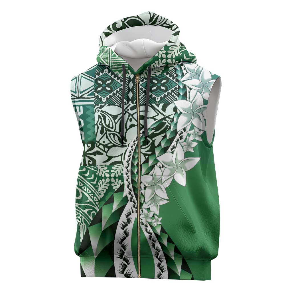 Aloha Vintage Plumeria Hawaiian Tapa Pattern Sleeveless Zip Hoodie Green Hawaiian Tapa Pattern - Polynesian Pride