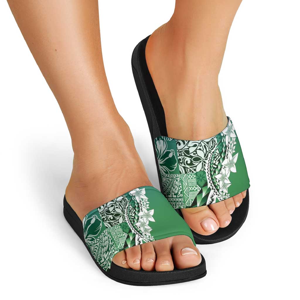 Aloha Vintage Plumeria Hawaiian Tapa Pattern Slide Sandals Green Hawaiian Tapa Pattern - Polynesian Pride